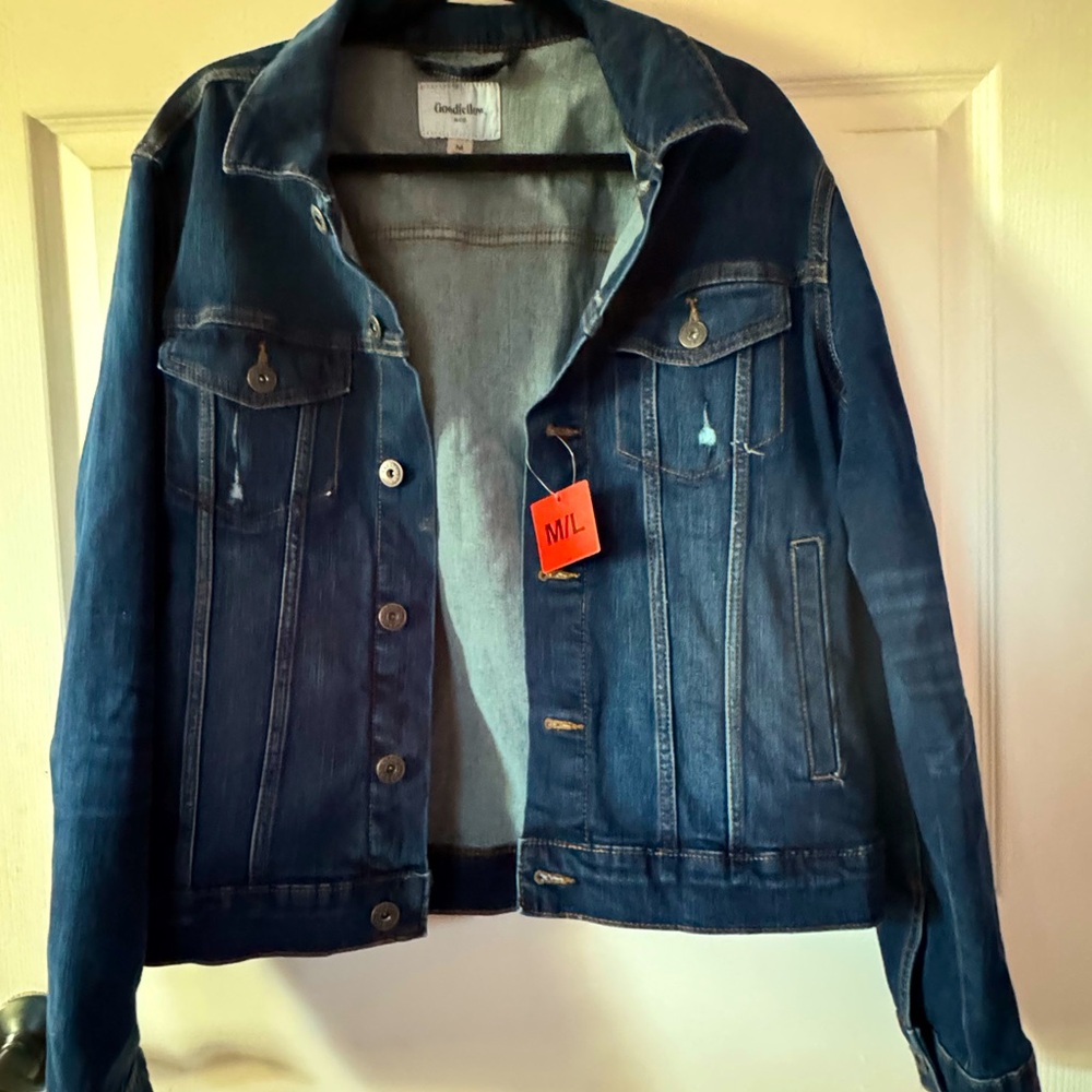 Men's Denim Trucker Jacket - Goodfellow & Co Dark Blue Wash Size L/XL